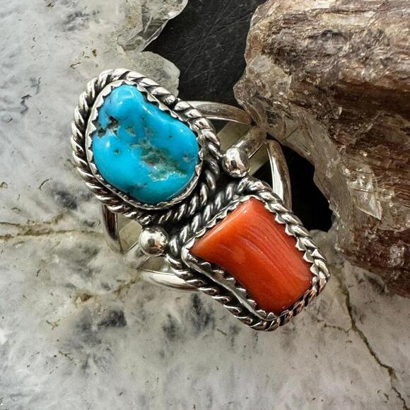 Native American Sterling Silver Coral & Kingman Turquoise Ring Sz 8.25 For Women - Picture 1 of 10